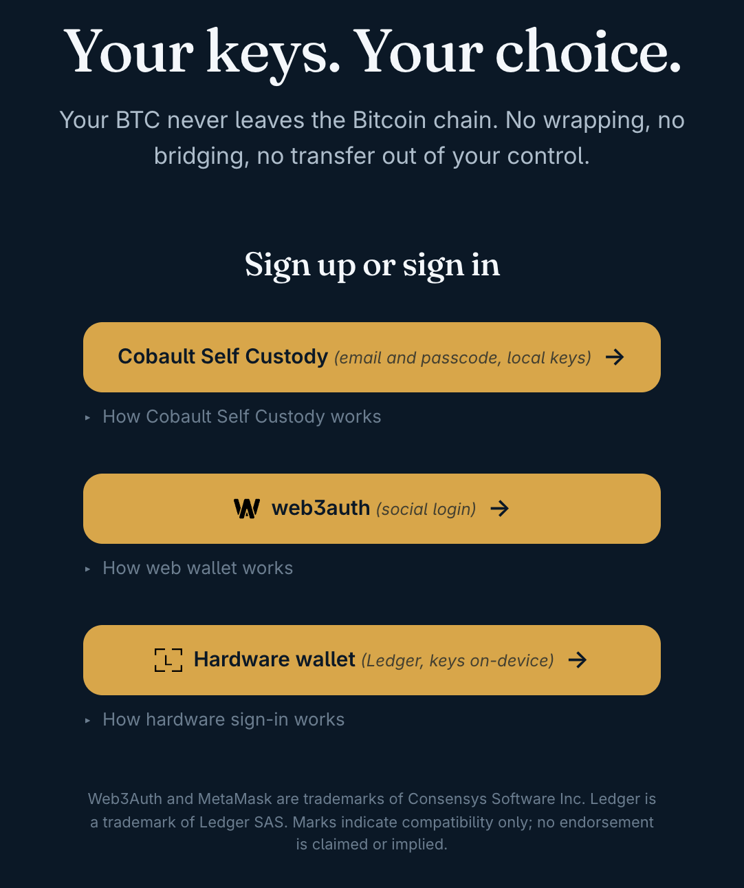 Cobault app — sign up or sign in with Cobault Self Custody, web wallet, or hardware wallet