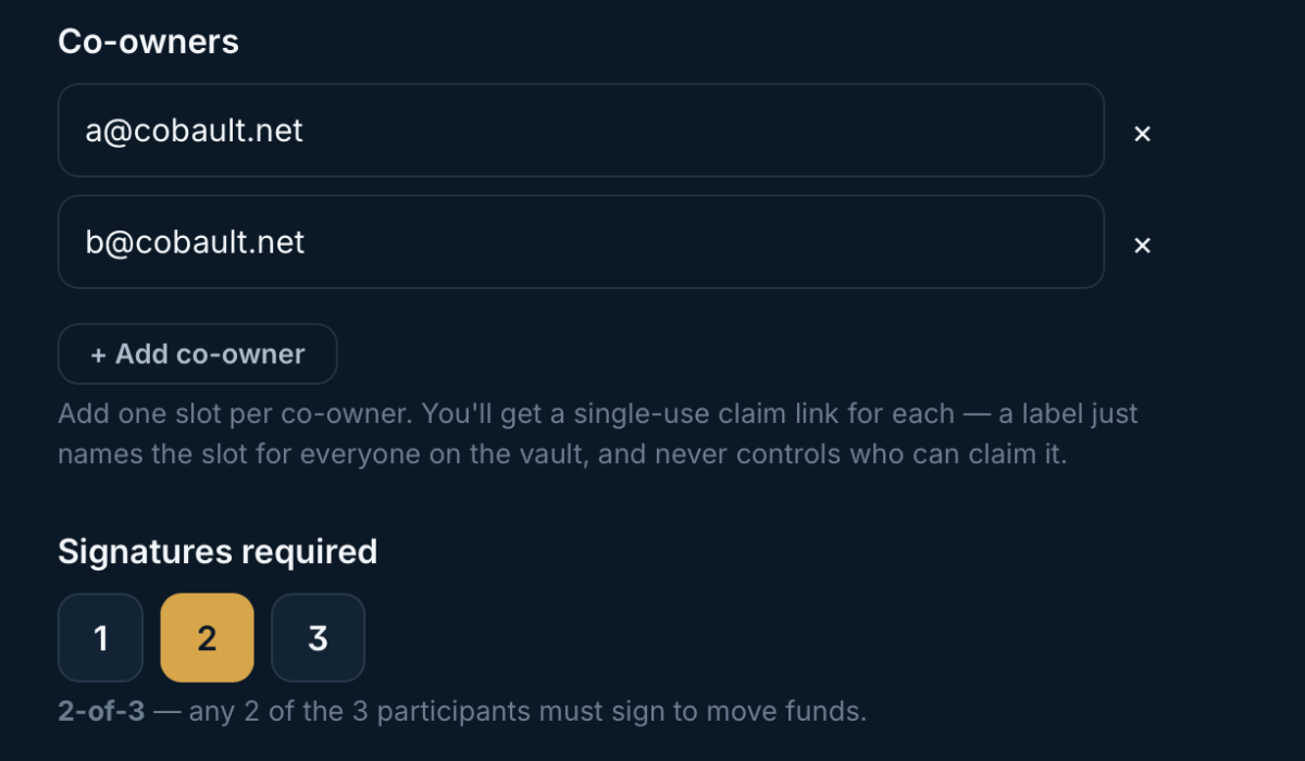 Cobault app — new shared vault: co-owners and signatures required